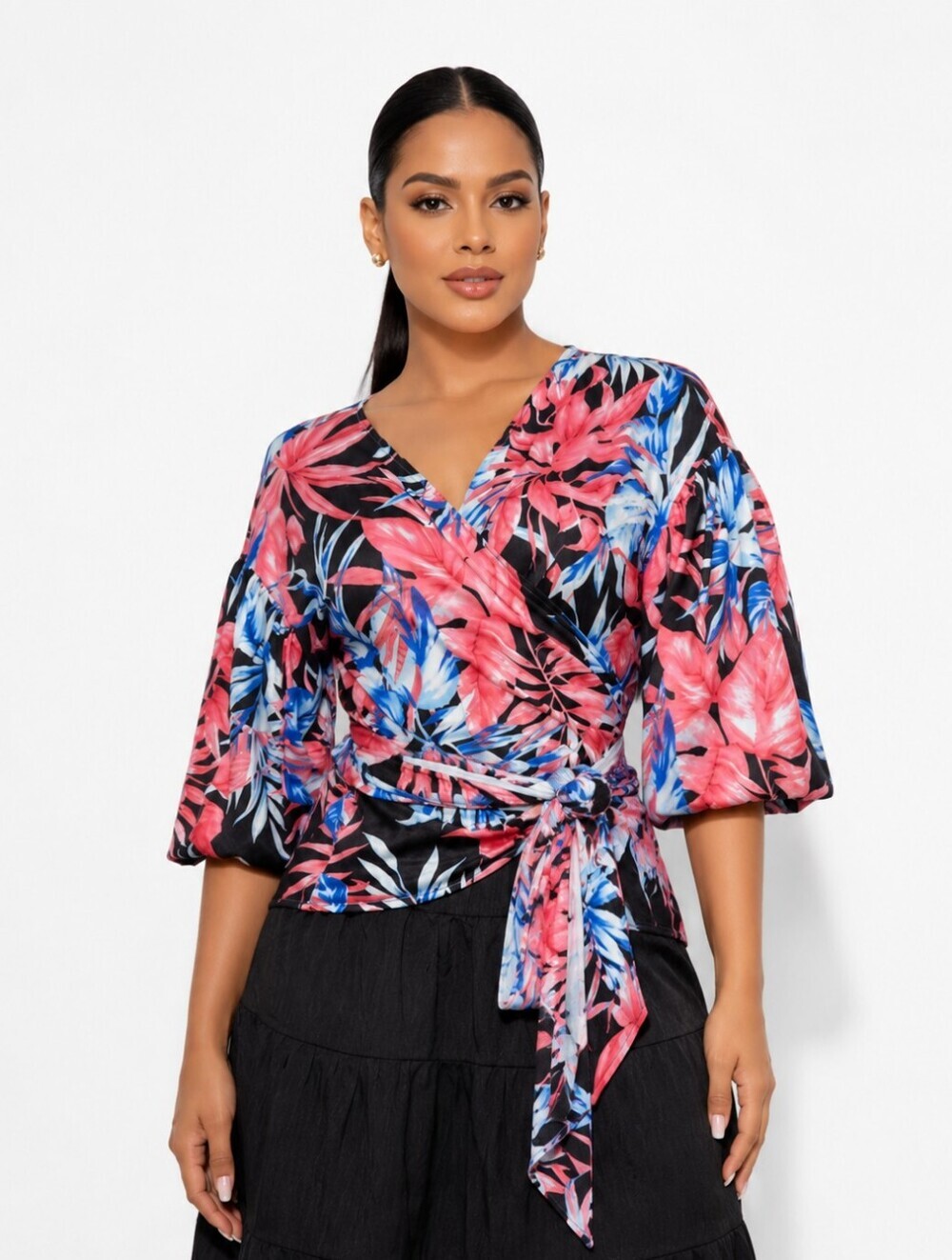 Say What? Women's Floral Wrap Tie Waist Blouse Black Pink & Blue Tropical.Size S